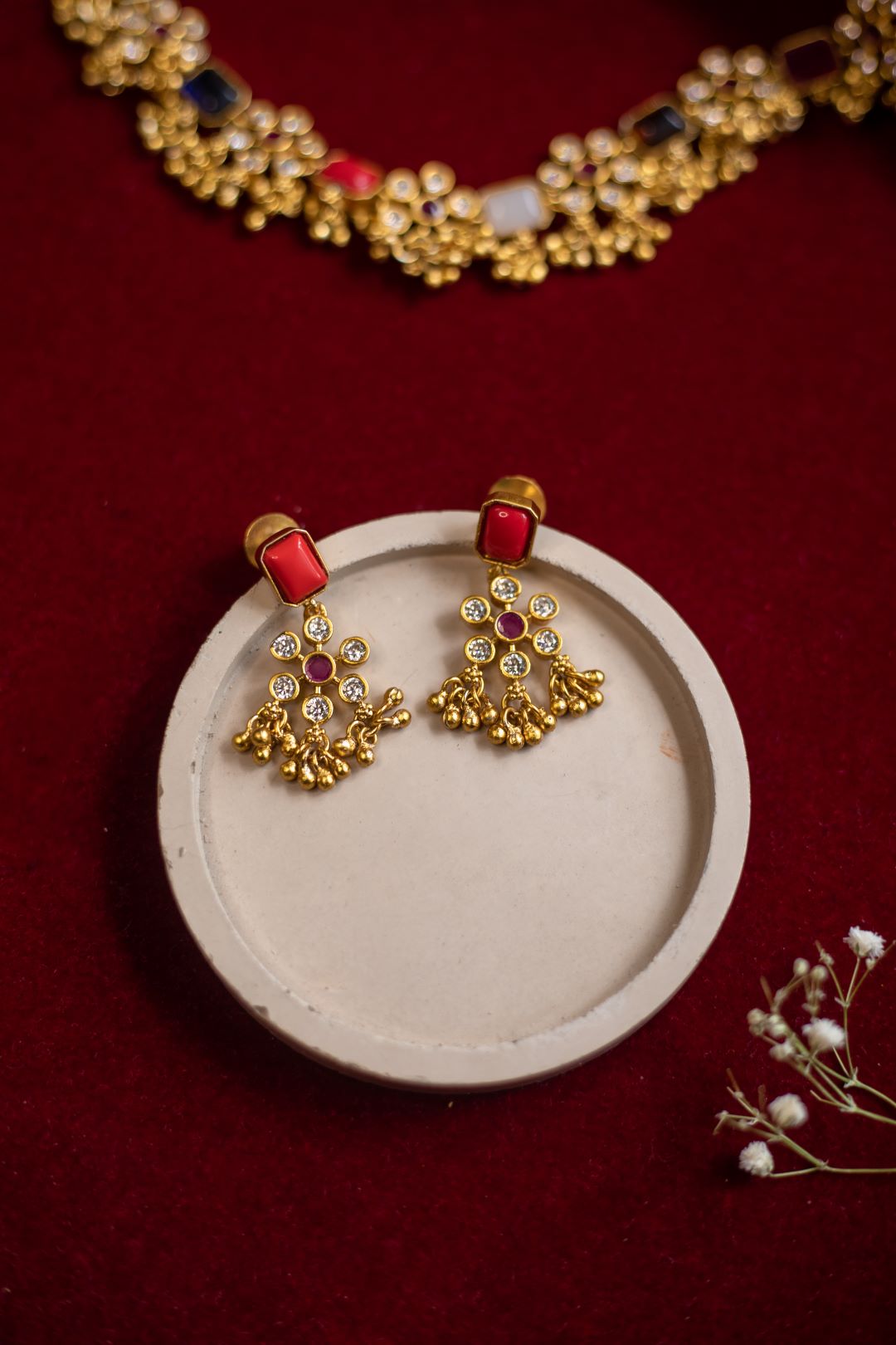 Matte Finish AD , Navaratna Stone with flower Necklace Model 2 #24
