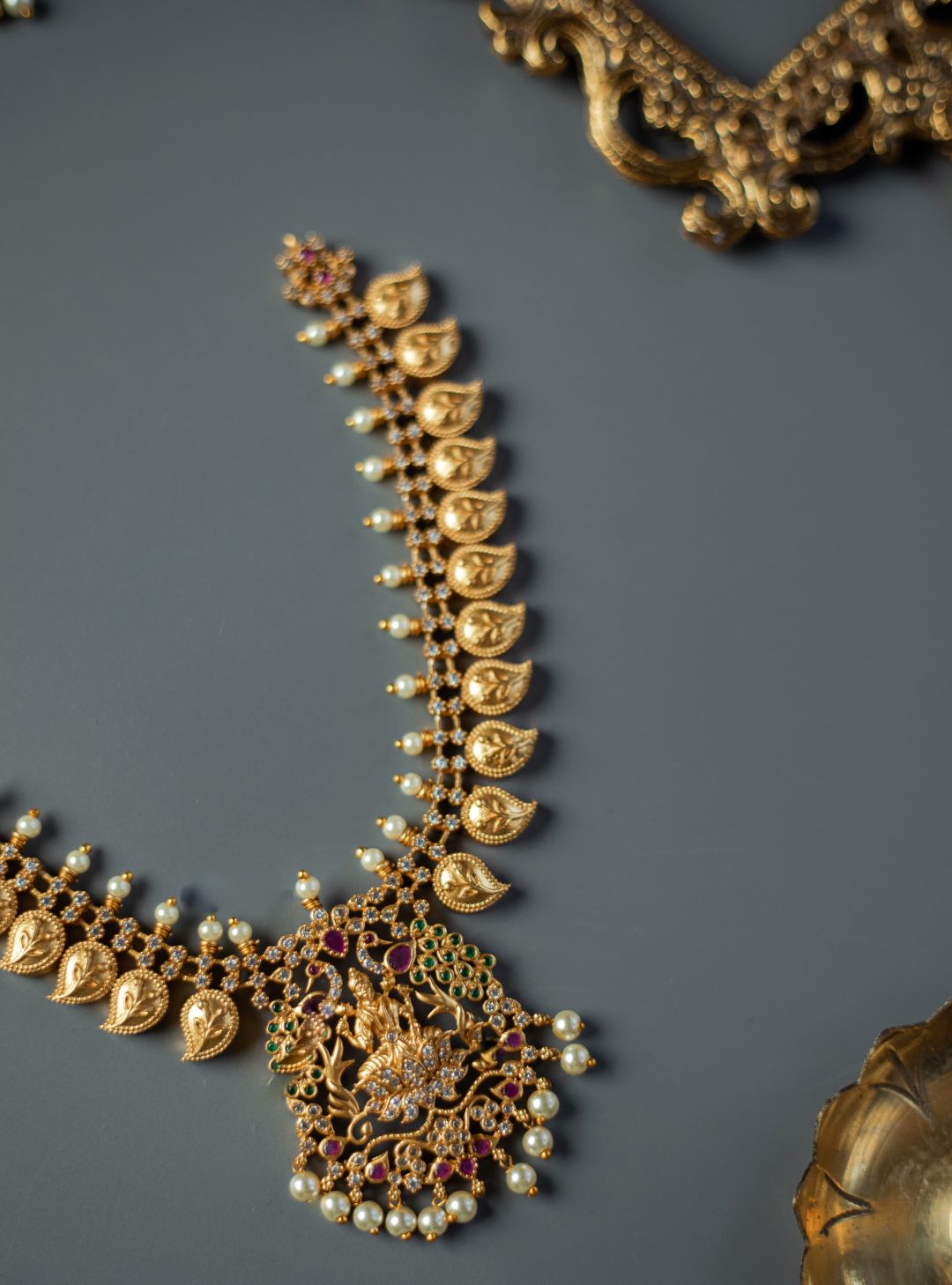 Matte Finish AD Mango with peacock & Lakshmi pendant Necklace