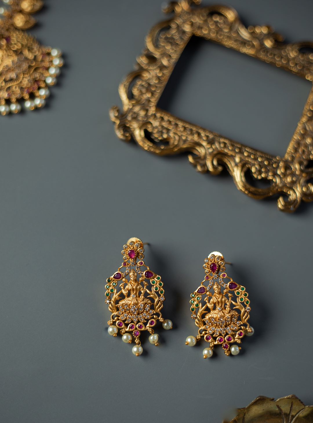 Matte Finish AD Mango with peacock & Lakshmi pendant Necklace