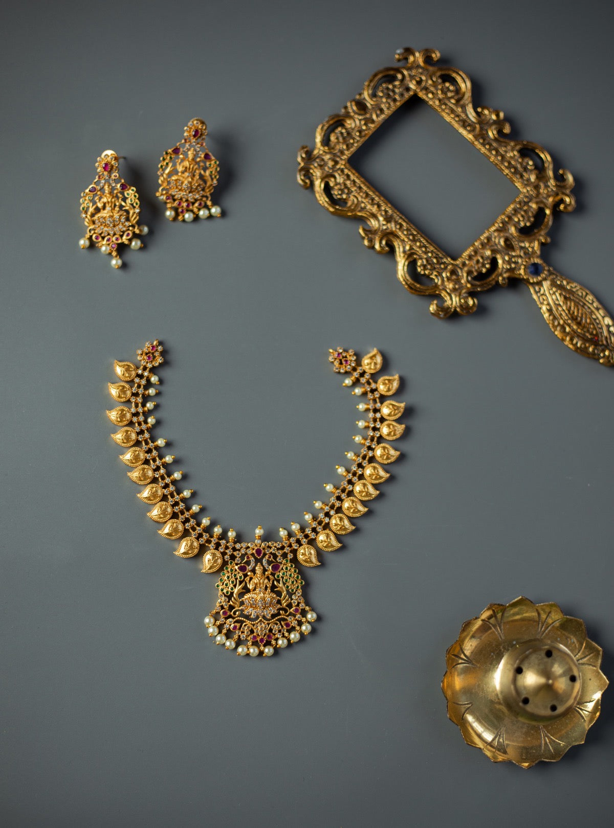Matte Finish AD Mango with peacock & Lakshmi pendant Necklace