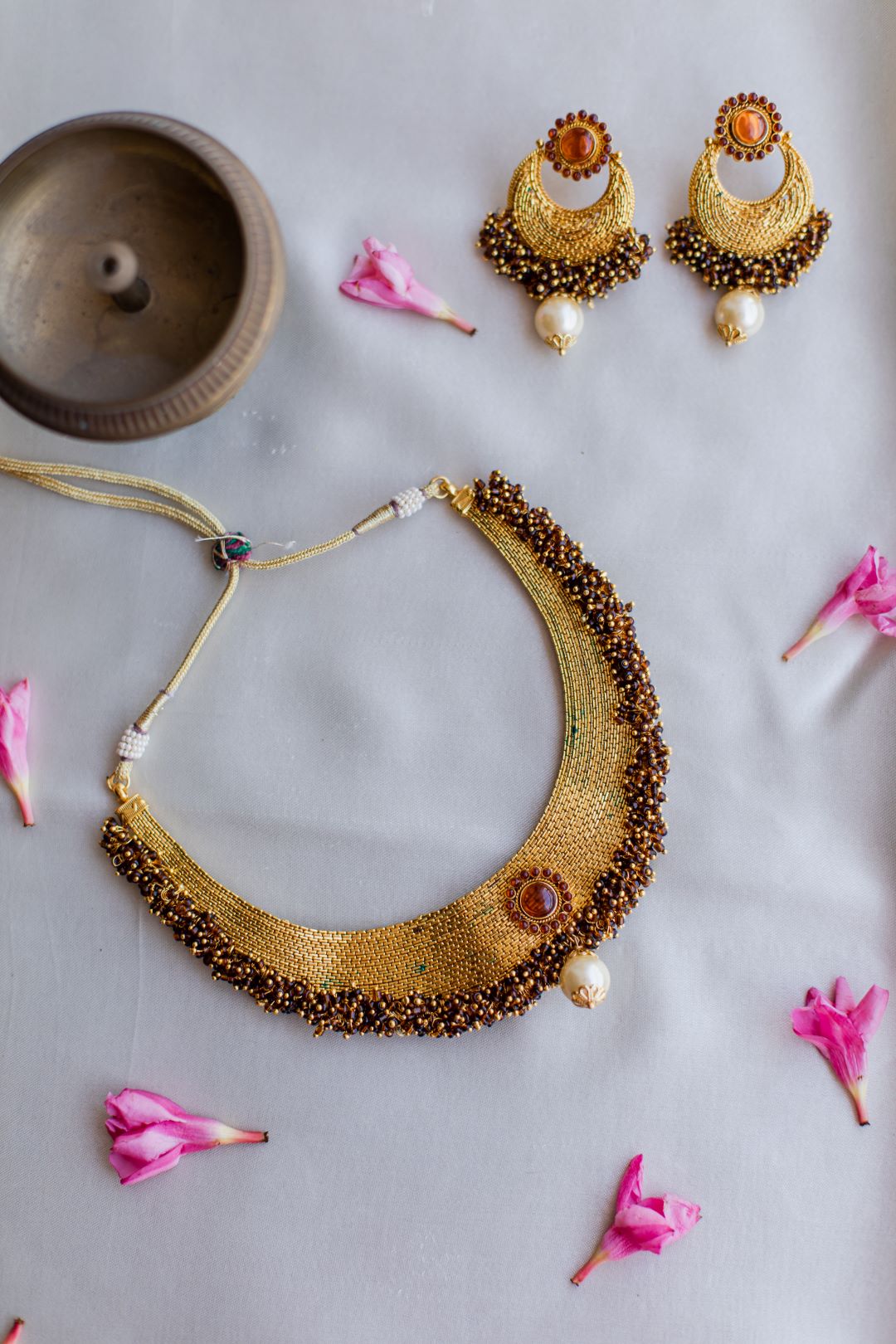 Gold Finish Chain Choker & cluster with chandbali - 67B