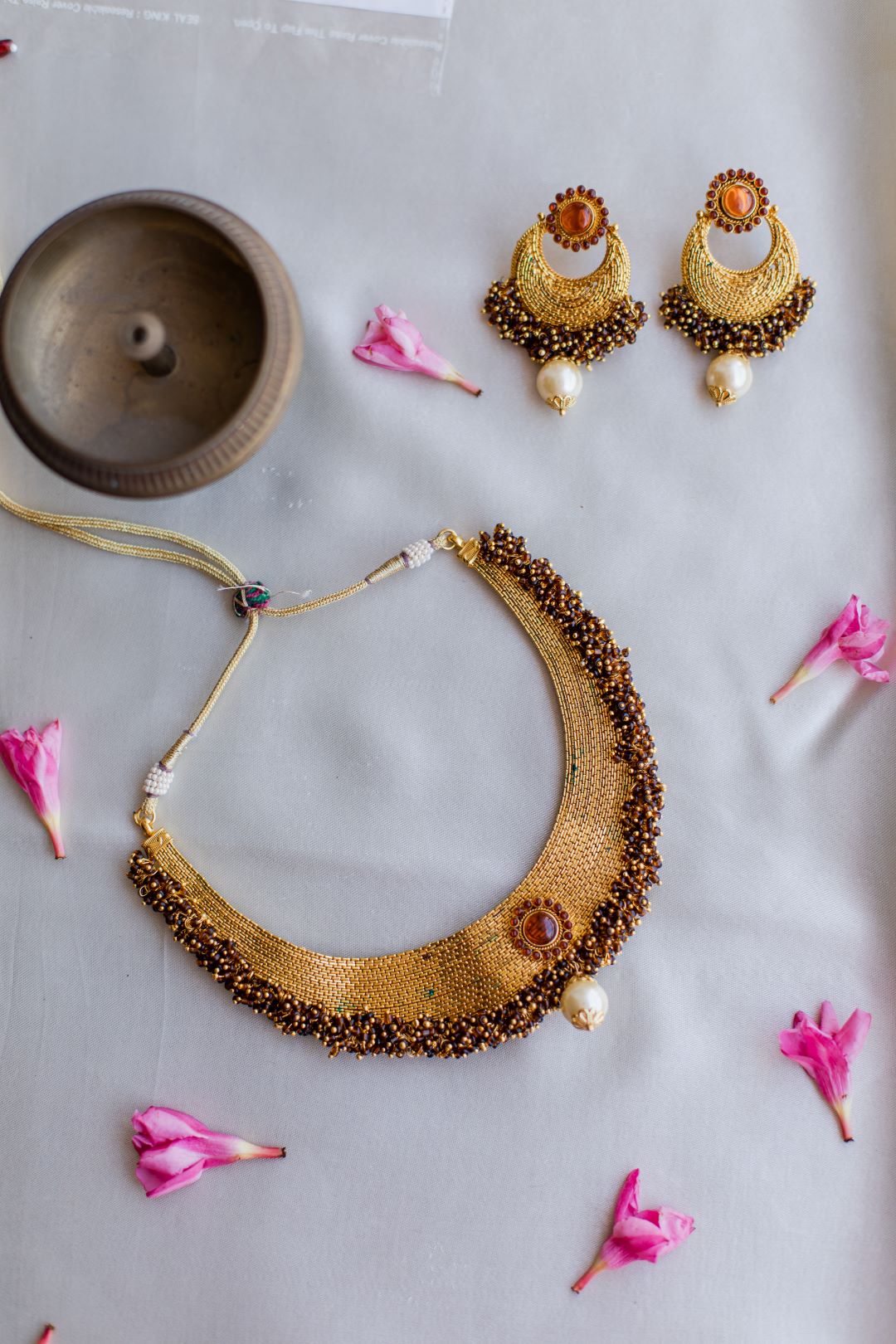 Gold Finish Chain Choker & cluster with chandbali - 67B