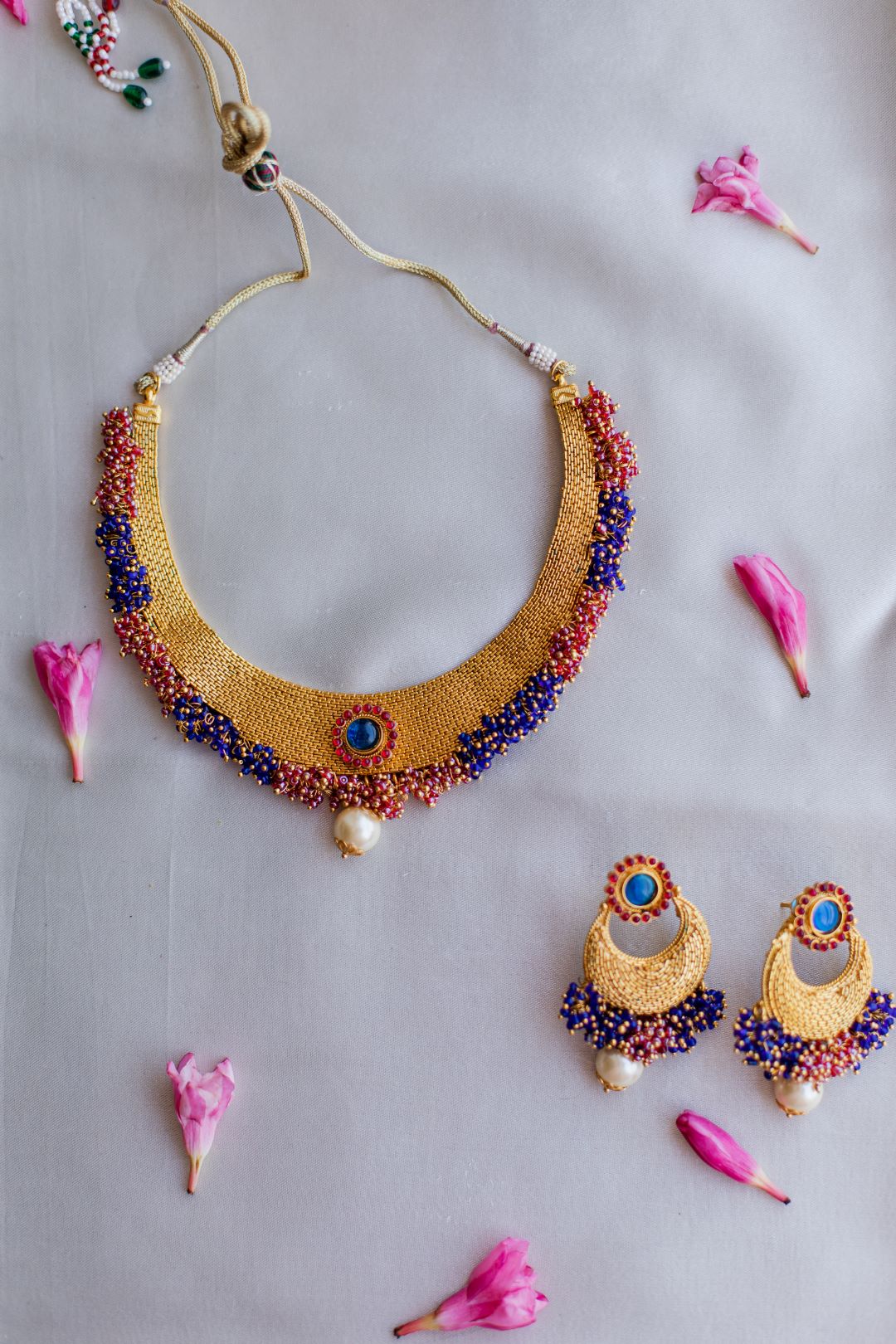 Gold Finish Chain Choker & cluster with chandbali - 67D