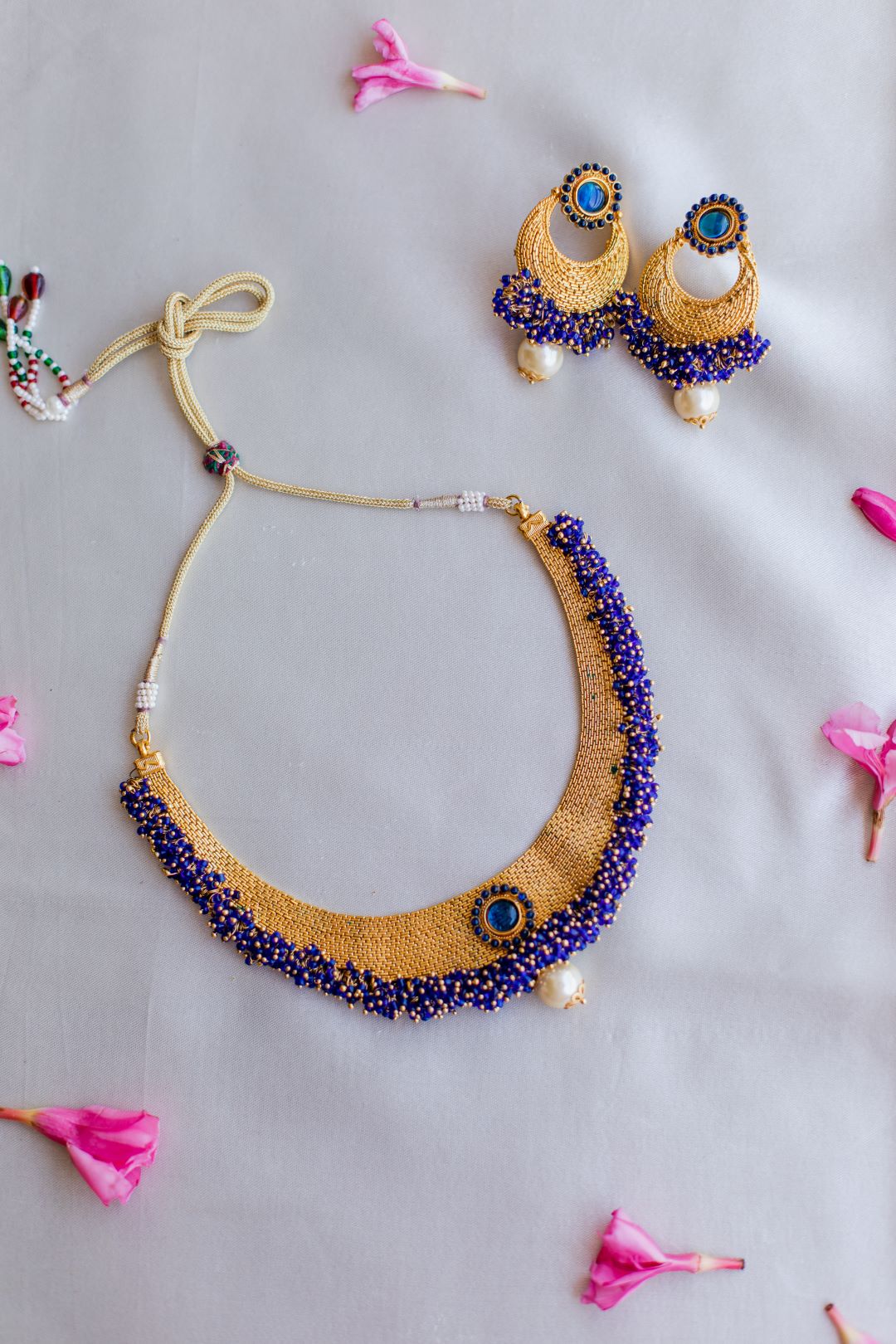Gold Finish Chain Choker & cluster with chandbali - 67E