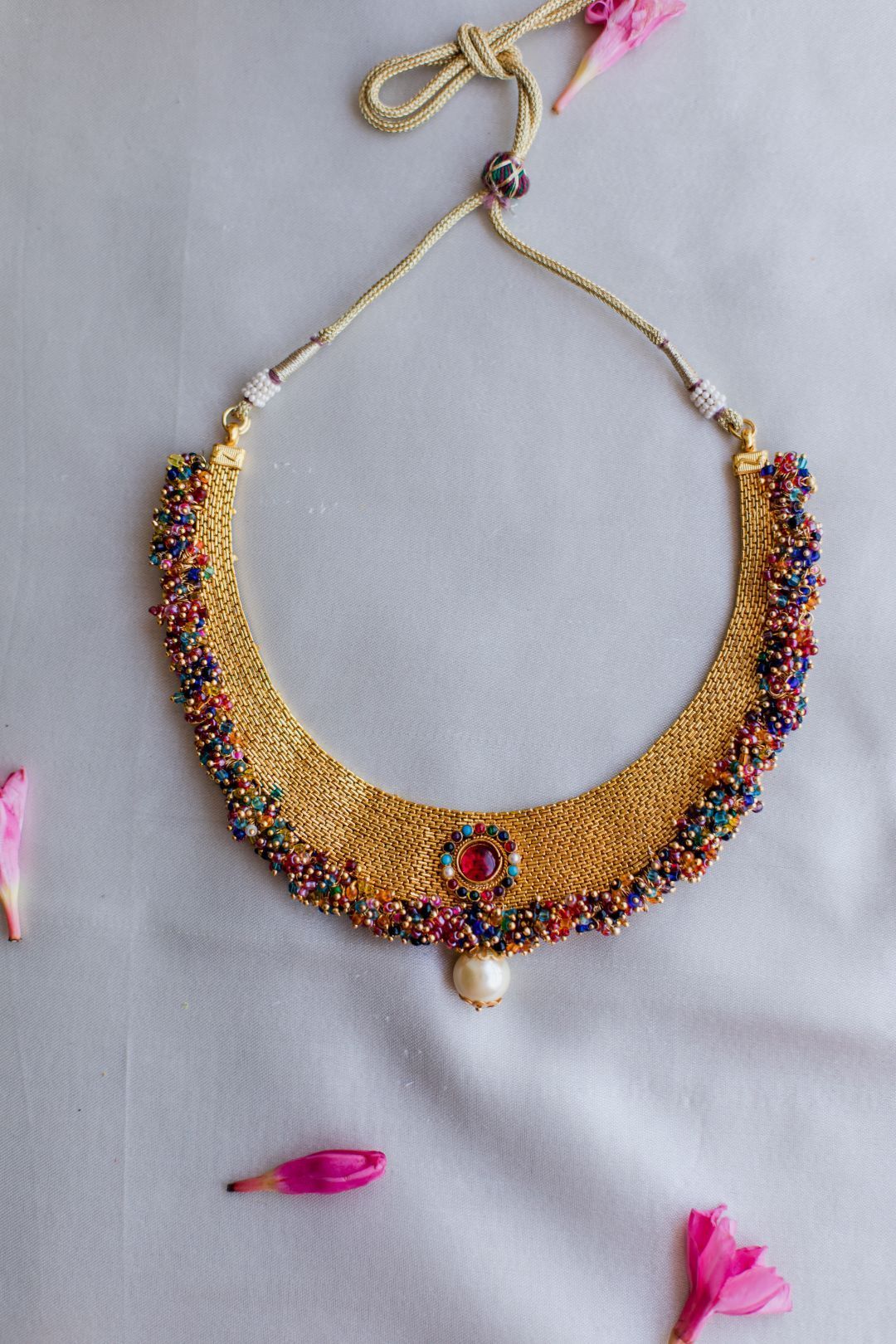 Gold Finish Chain Choker & cluster with chandbali - 67F