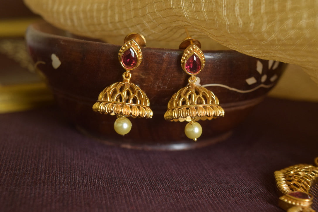 Matte Finish Geometry cutwork lotus, necklace with jhumka
