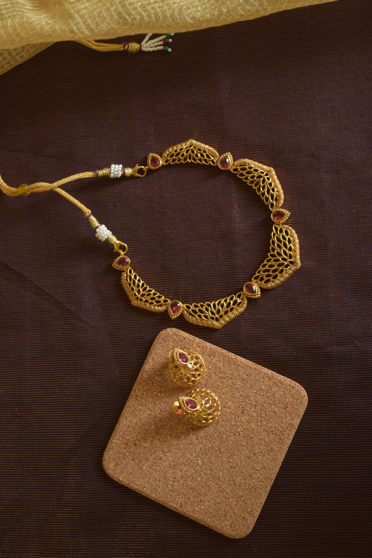 Matte Finish Geometry cutwork lotus, necklace with jhumka