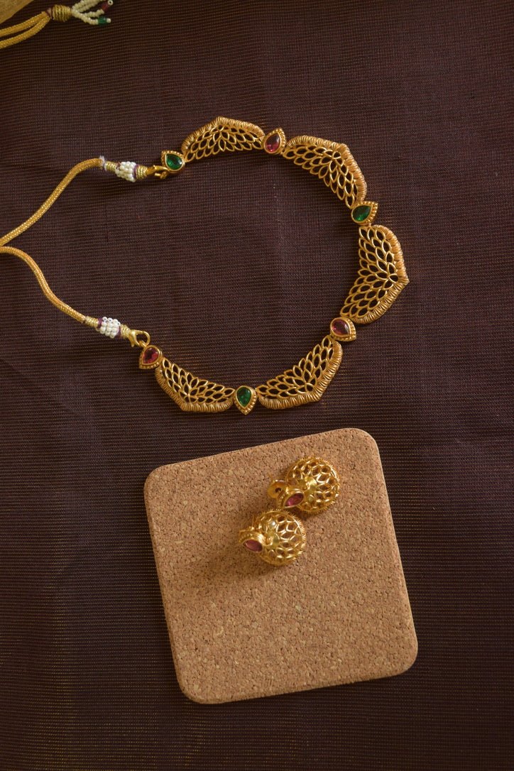 Matte Finish Geometry cutwork lotus, necklace with jhumka
