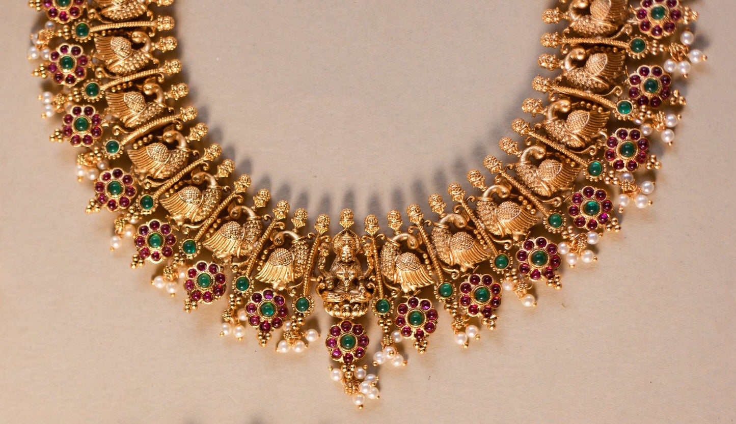 Matte finish Sequence Lakshmi & Stone flower Necklace -70A