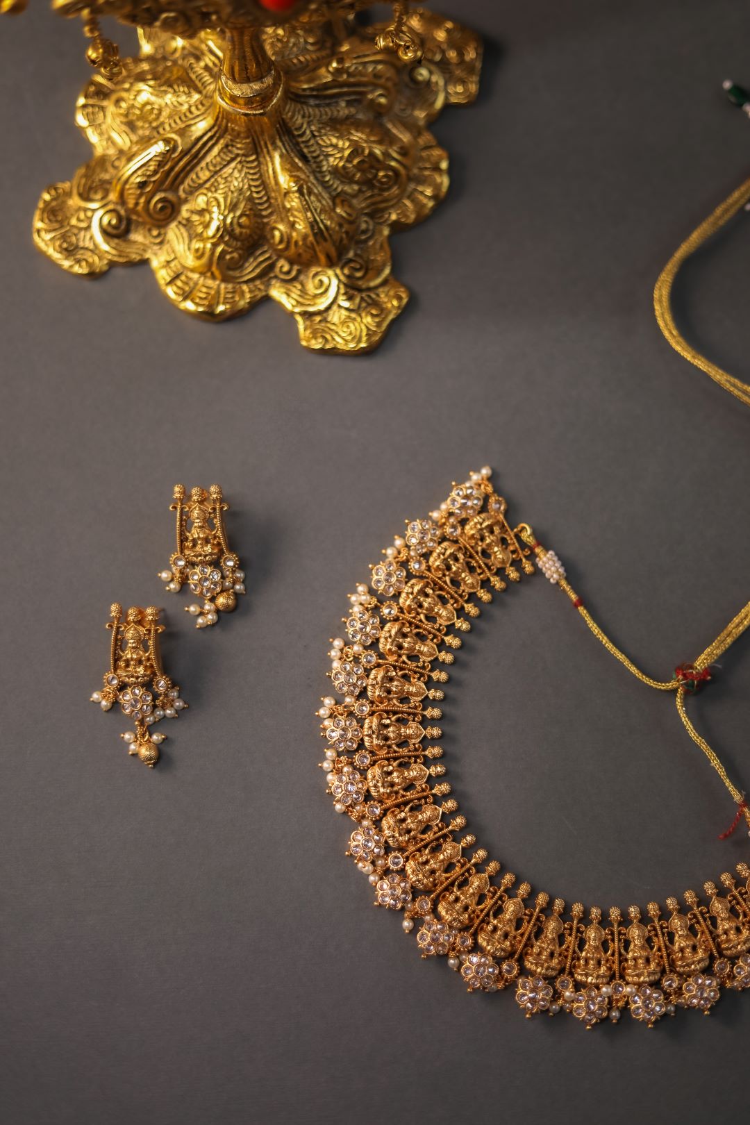 Matte finish Sequence Lakshmi & Stone flower Necklace - 70C