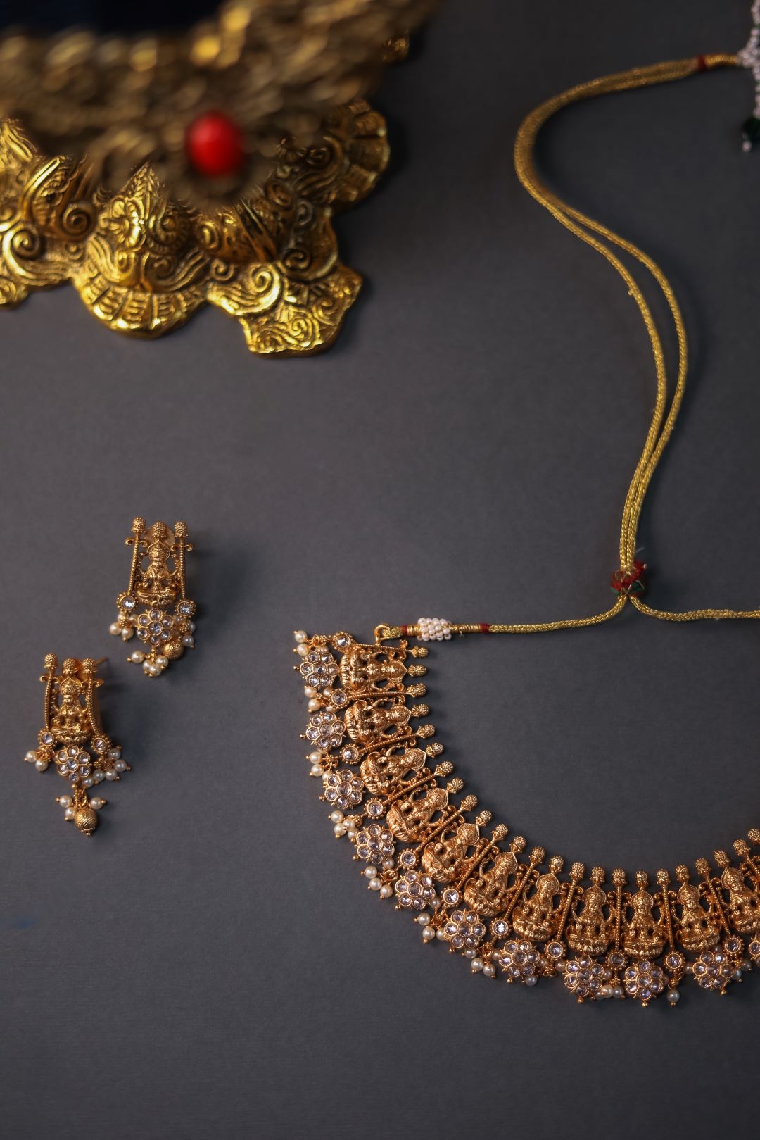 Matte finish Sequence Lakshmi & Stone flower Necklace - 70C