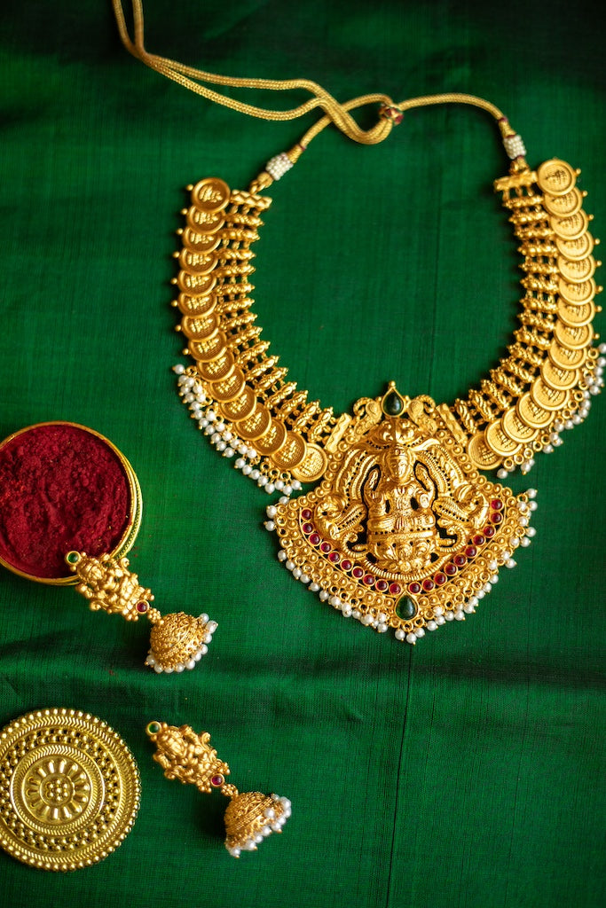 Matte Finish coin Necklace with lakshmi pendant