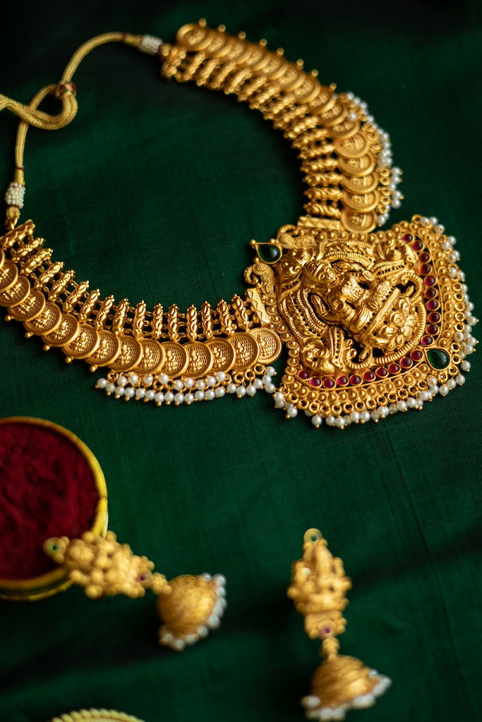 Matte Finish coin Necklace with lakshmi pendant