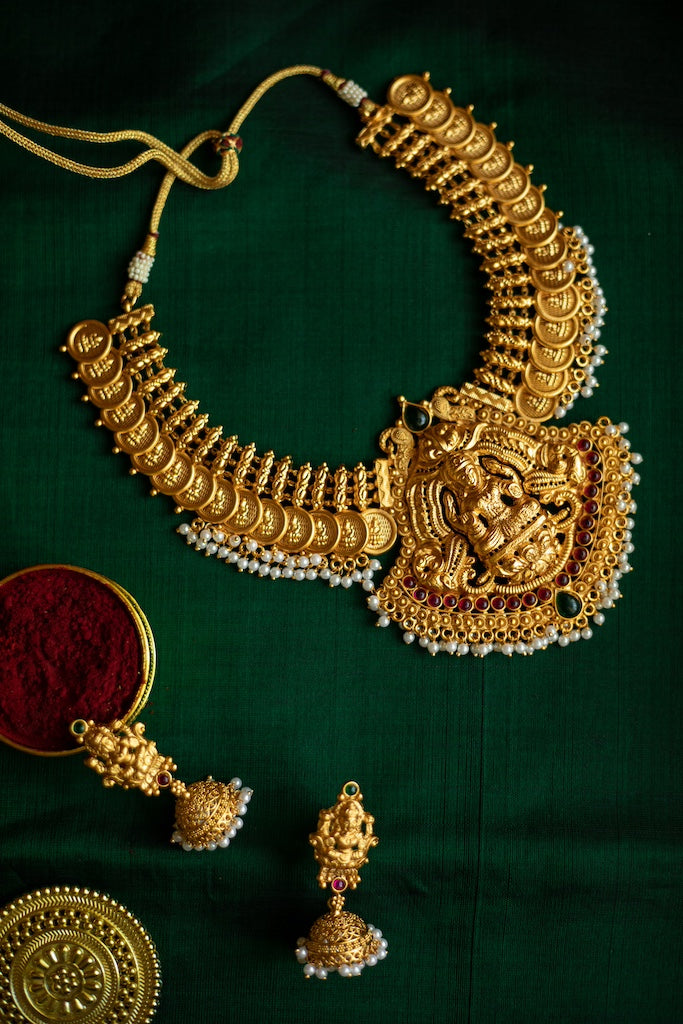Matte Finish coin Necklace with lakshmi pendant