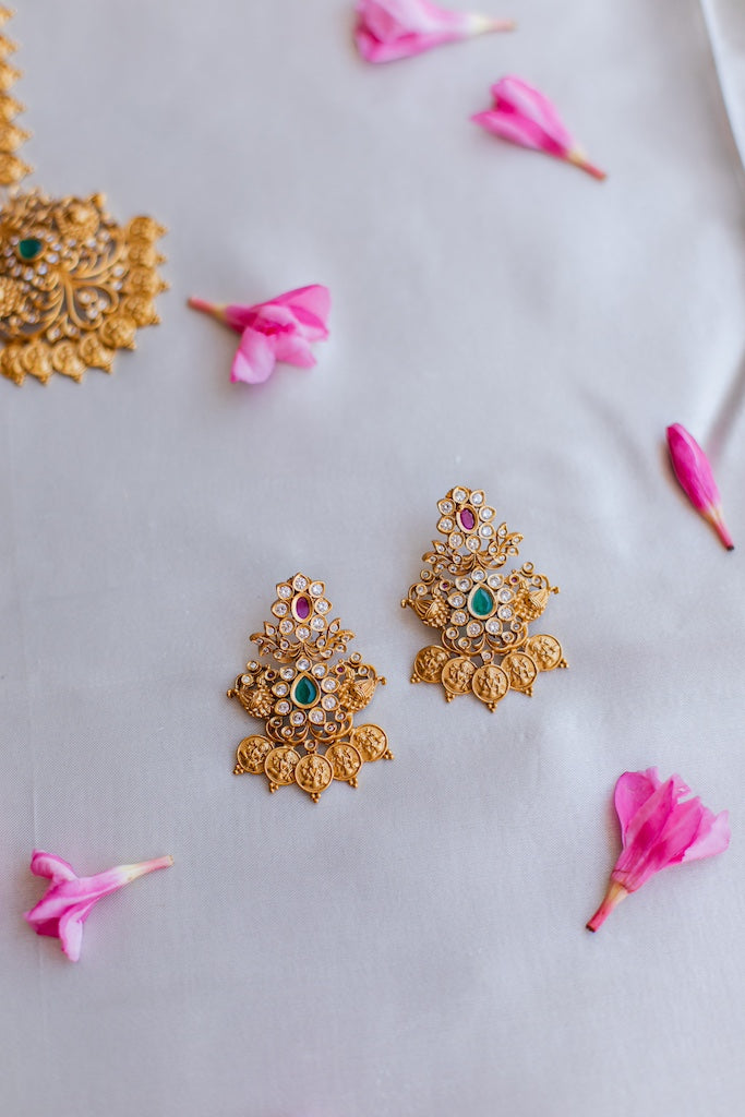 Matte Finish lakshmi coin Twin peacock pendant Necklace