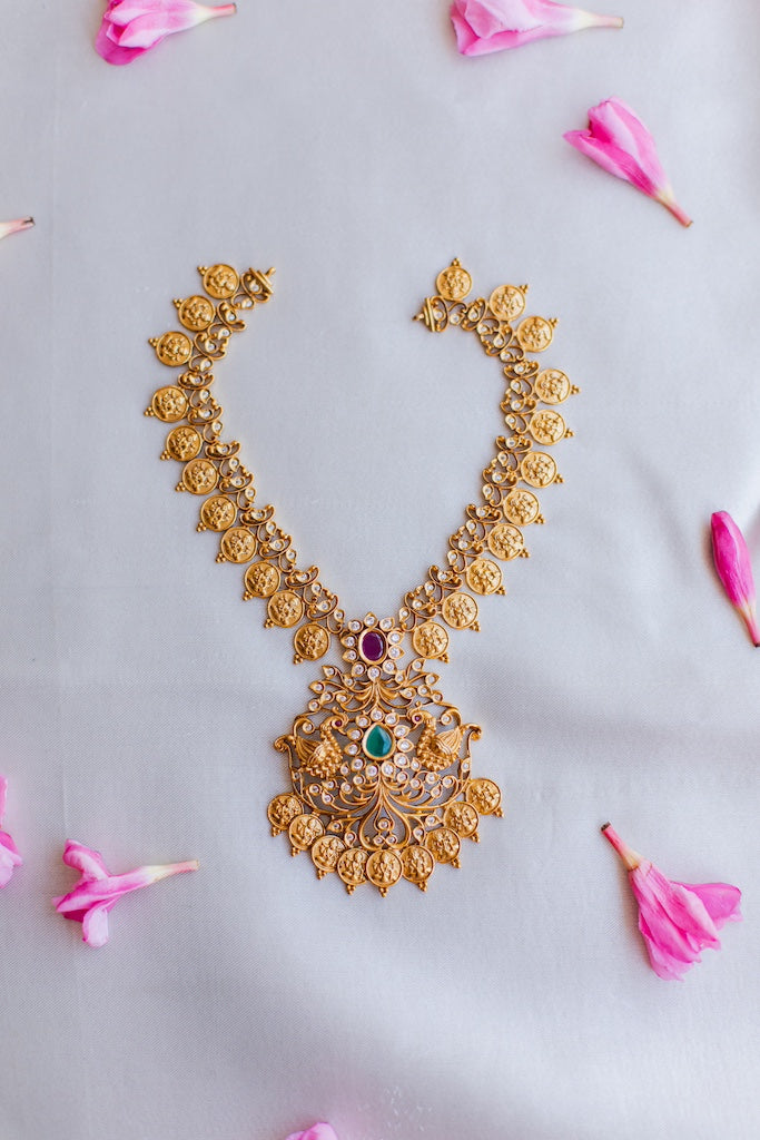 Matte Finish lakshmi coin Twin peacock pendant Necklace