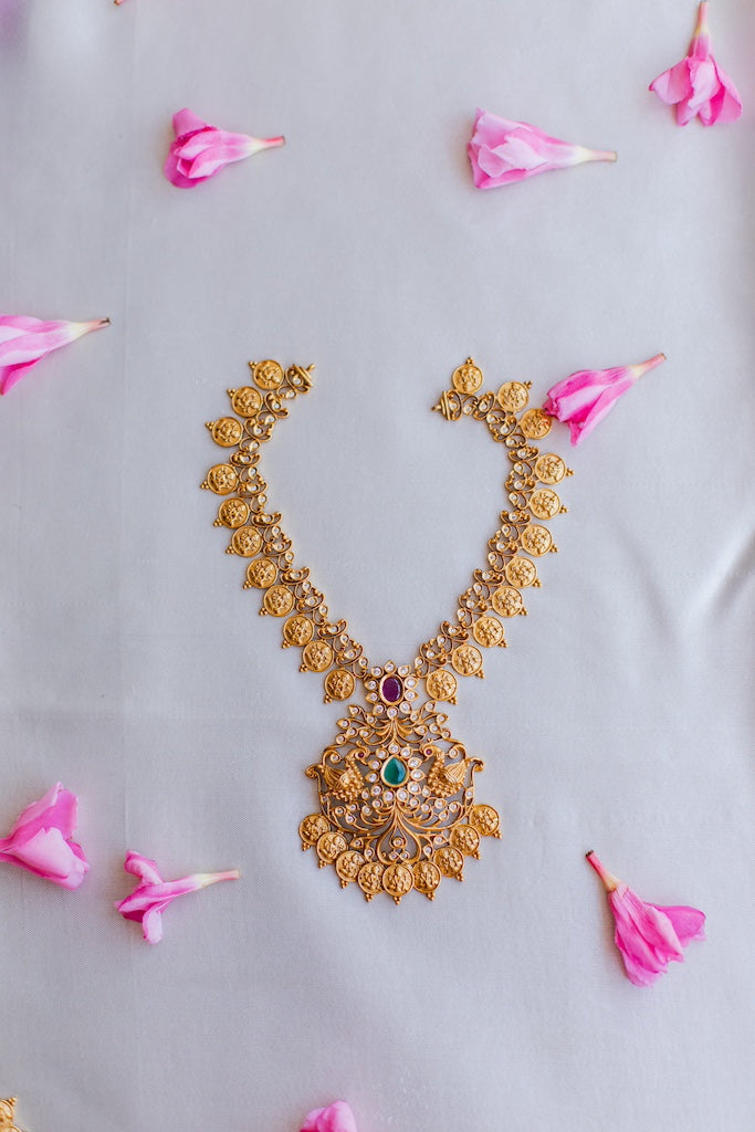 Matte Finish lakshmi coin Twin peacock pendant Necklace
