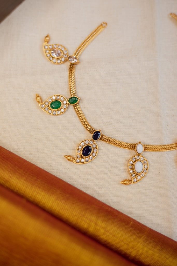 Gold Finish chain with NAVARATNA Mango motifs necklace