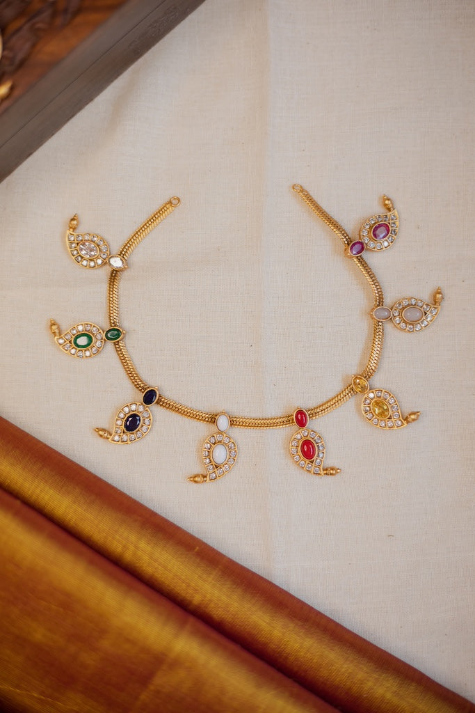 Gold Finish chain with NAVARATNA Mango motifs necklace