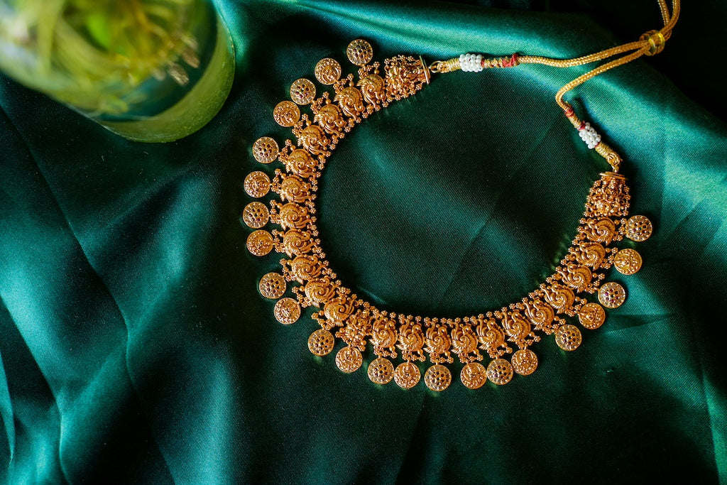 Gold Finish Peacock & Small Lakshmi Coin Necklace