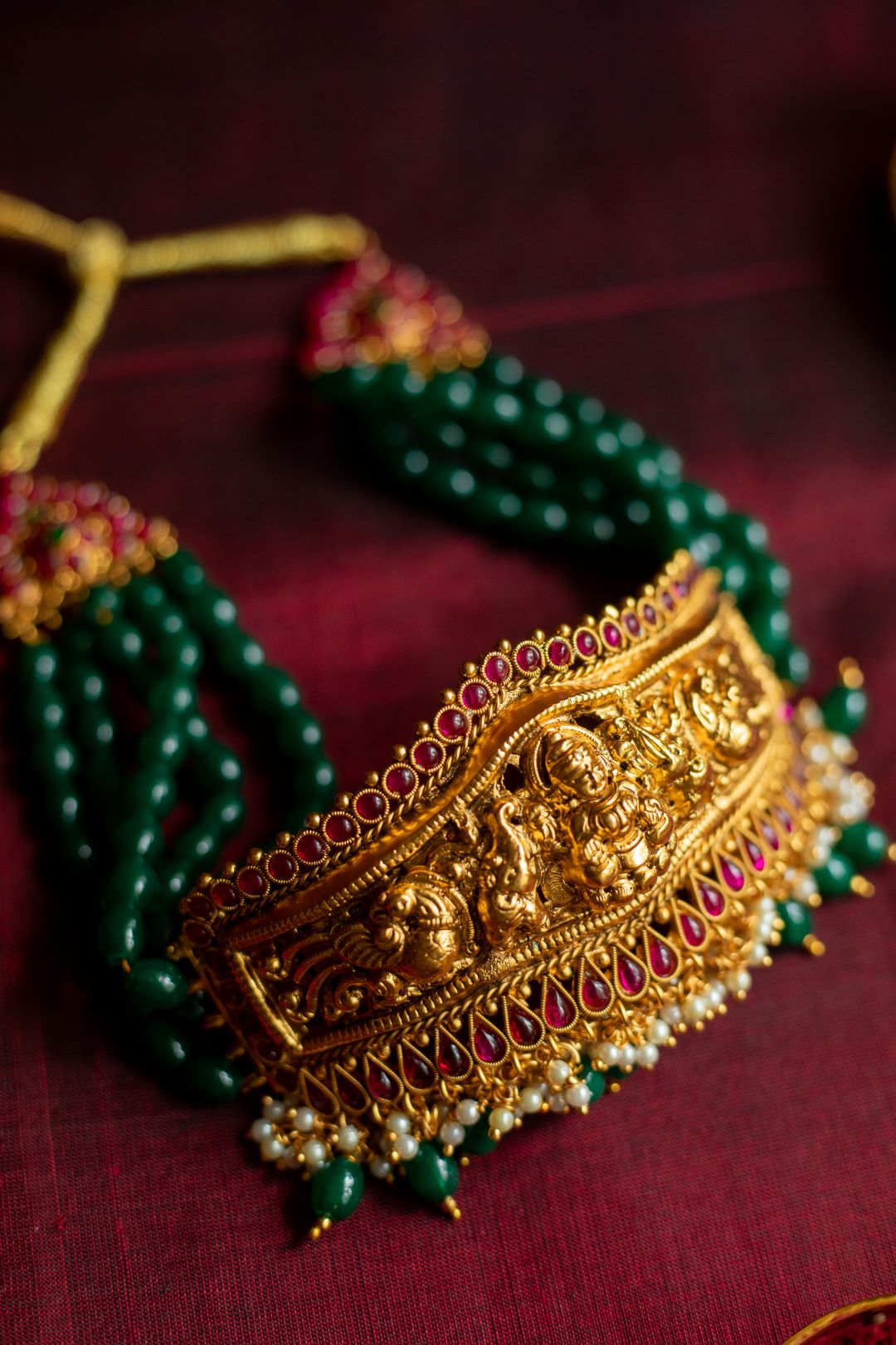 3 Layer green crystal high neck chocker with Lakshmi Stud