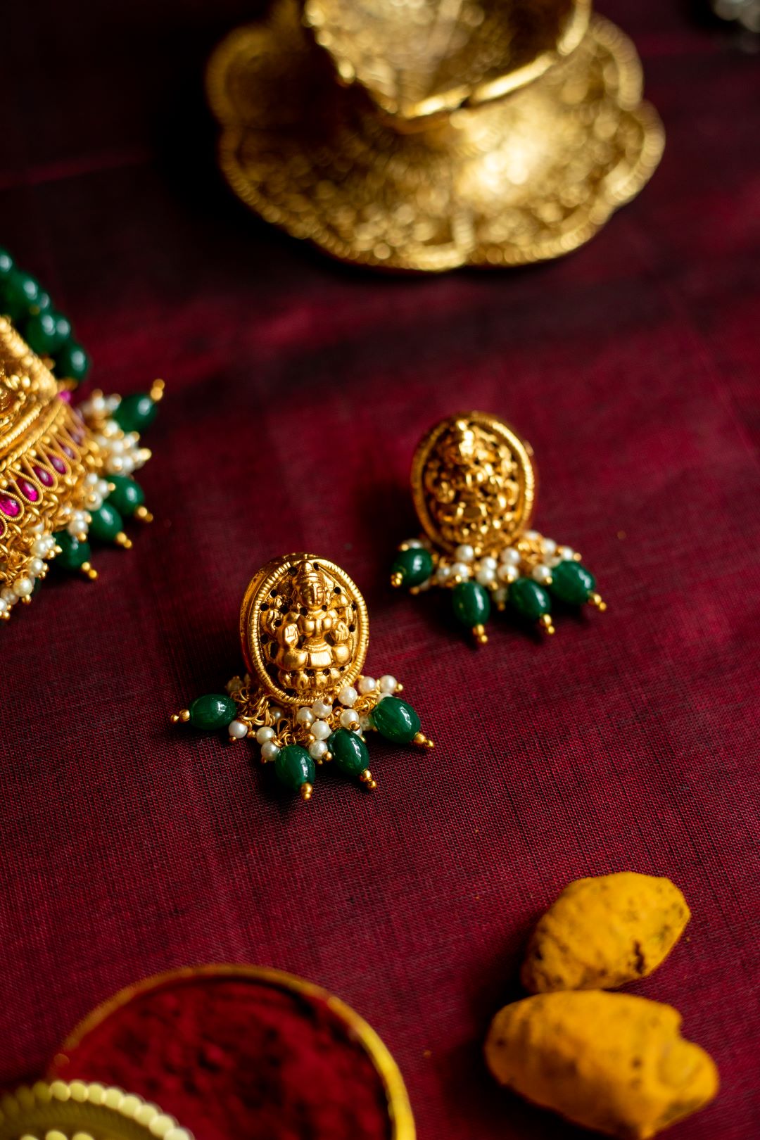 3 Layer green crystal high neck chocker with Lakshmi Stud