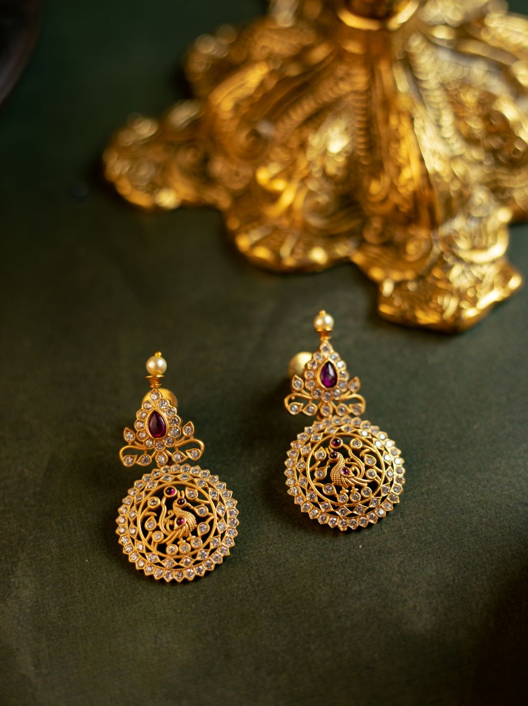 Gold Finish Mango Peacock AD -Ruby Necklace with Stud