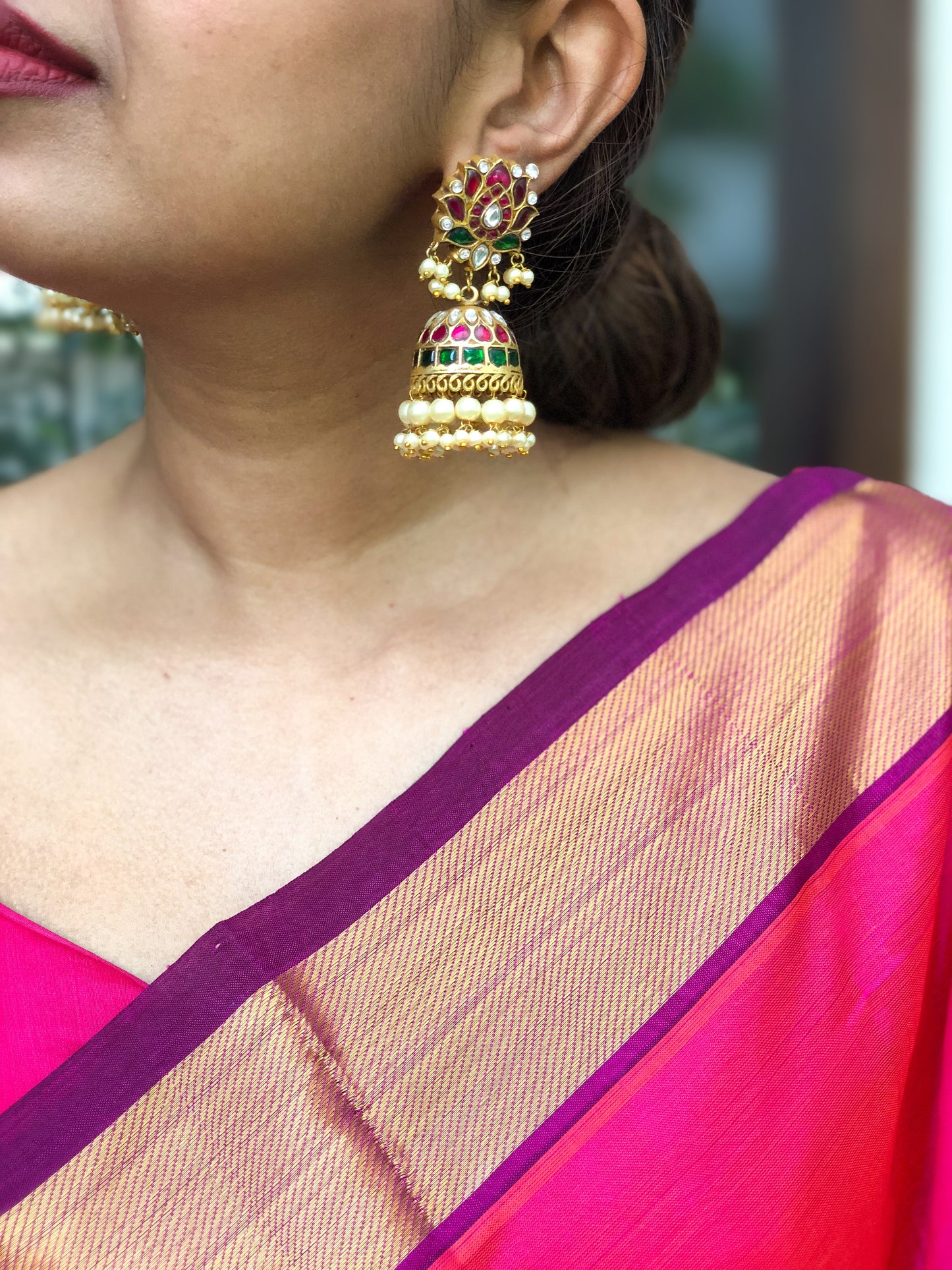 Lotus stud jhumka with Pearl Hangings