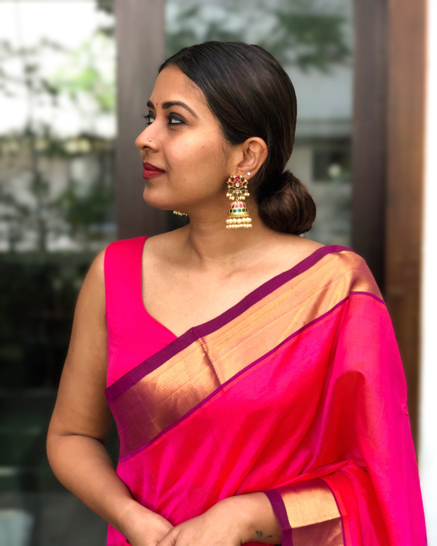 Lotus stud jhumka with Pearl Hangings