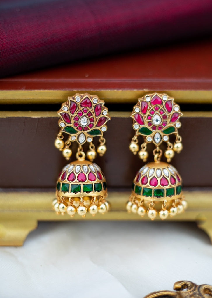 Lotus stud jhumka with Gold Hangings