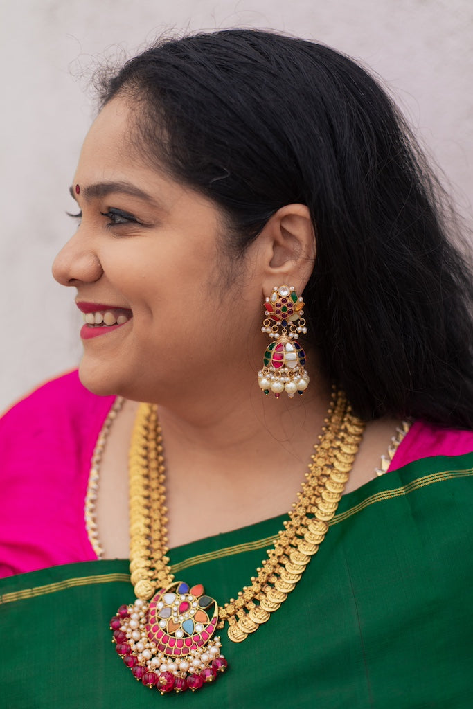 Lotus Stud Navaratna jhumkas