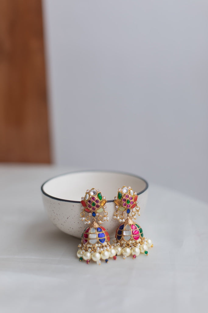 Lotus Stud Navaratna jhumkas