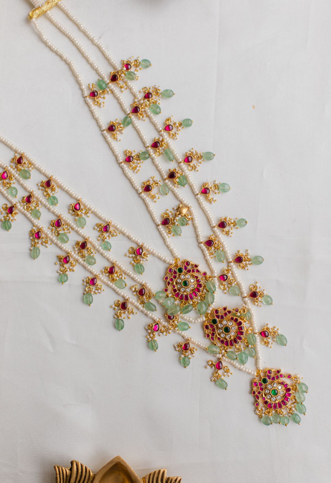 3 layered Pearl Satlada with Small Twin peacock pendant