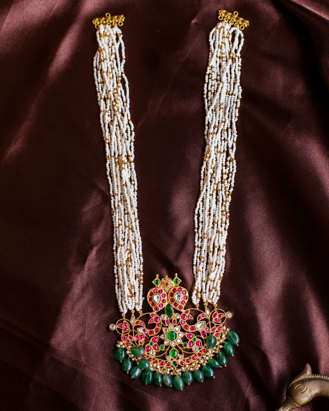 Seed bead pearl mid length with Emerald Crystal drops