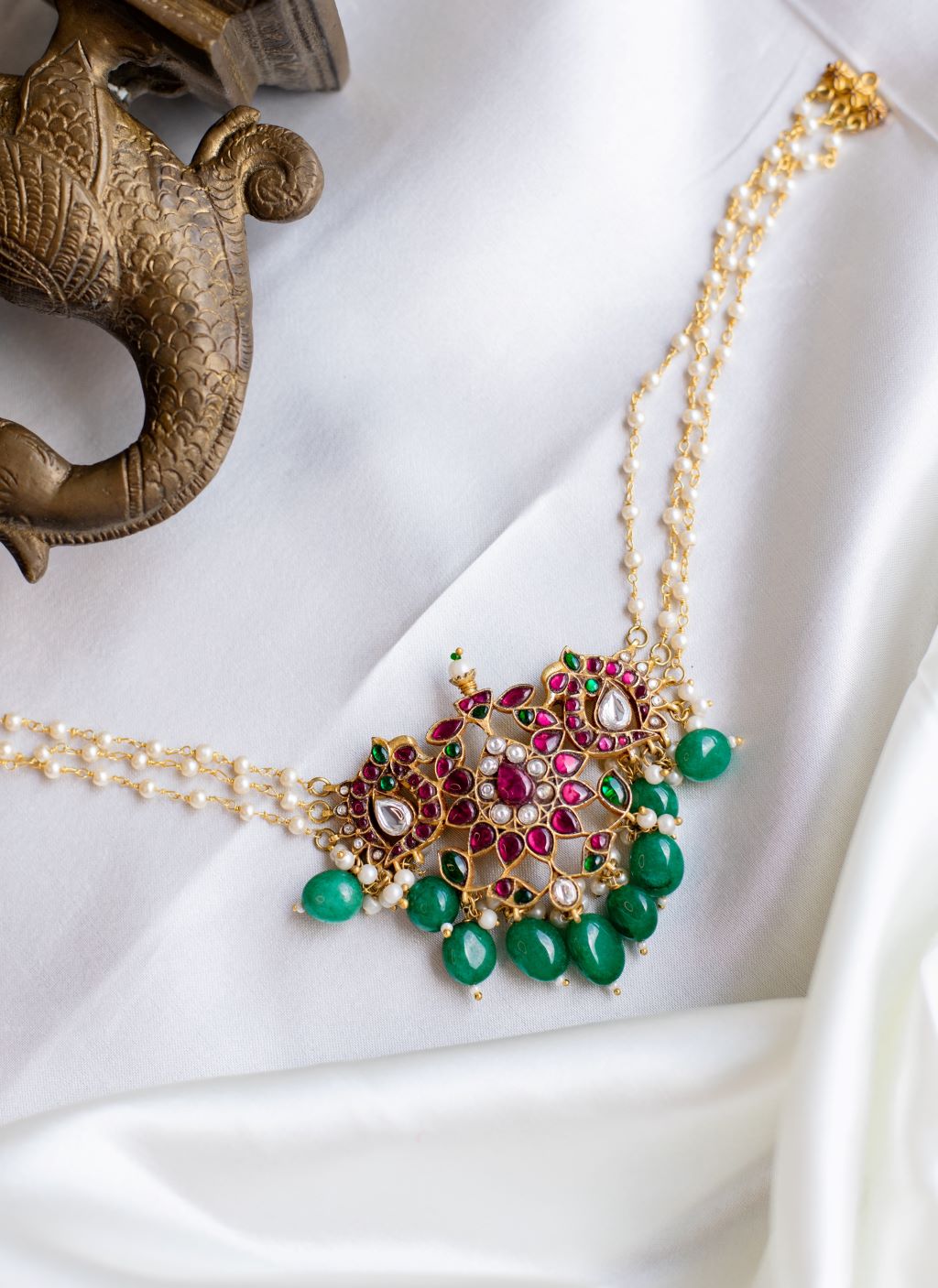Gold Finish Beads Chain with peacock pendant & Crystal Hangings