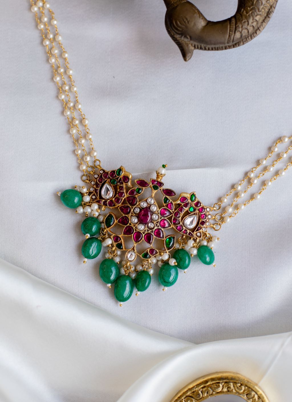 Gold Finish Beads Chain with peacock pendant & Crystal Hangings