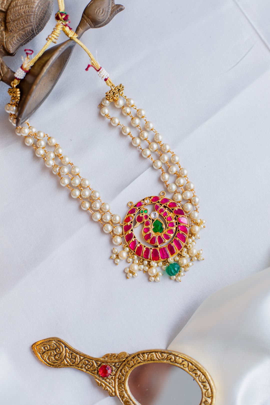 Gold Finish Pearl Small chocker Peacock pendant with Pearl Hangings