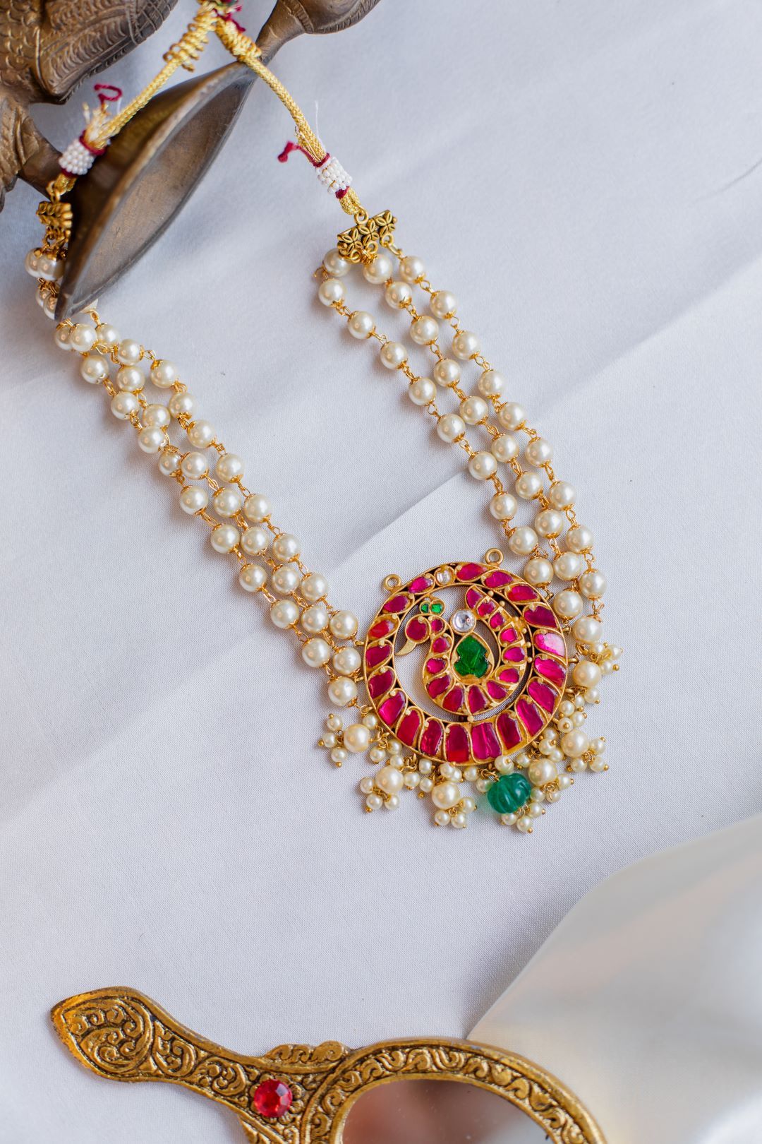 Gold Finish Pearl Small chocker Peacock pendant with Pearl Hangings