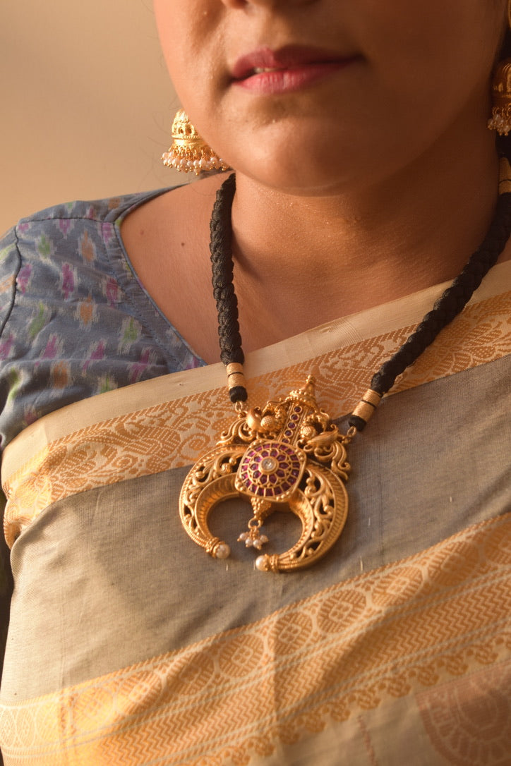 Gold Finish Twin Peacock Carving- Moon Vintage Pendant