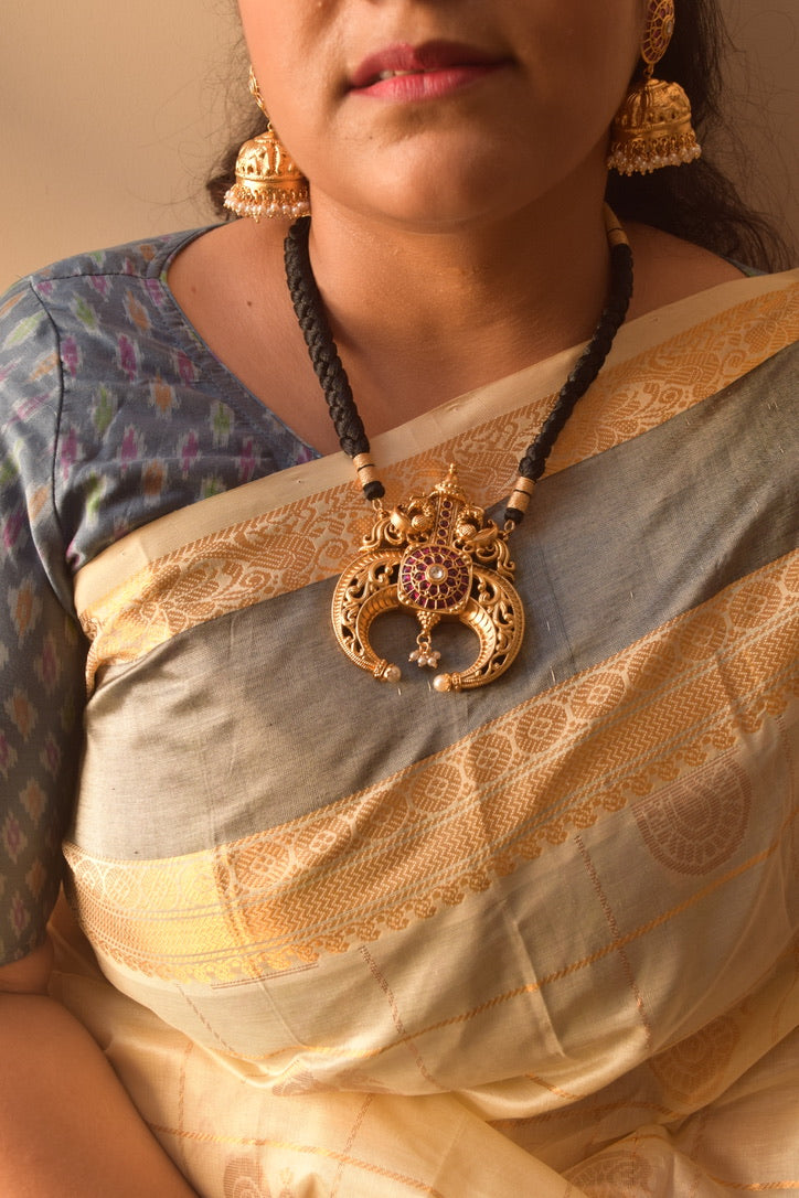 Gold Finish Twin Peacock Carving- Moon Vintage Pendant