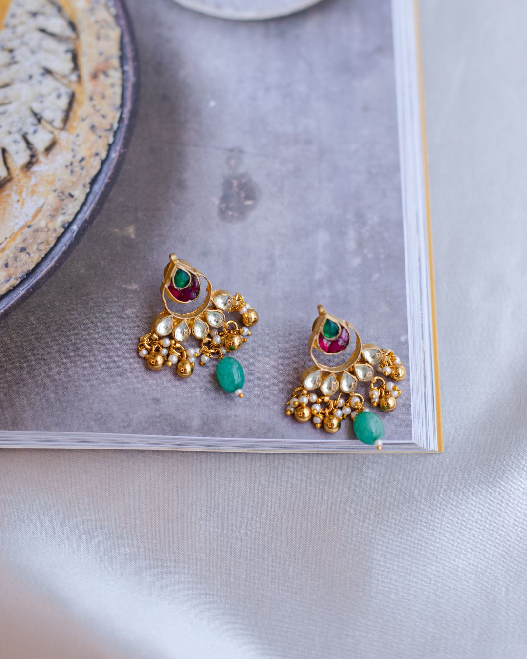 Gold Finish Maroon Crystal with Half moon Chandbali