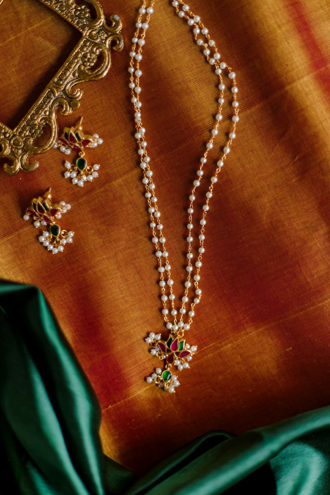 Gold Finish Pearl Beads Chain with small Lotus pendant