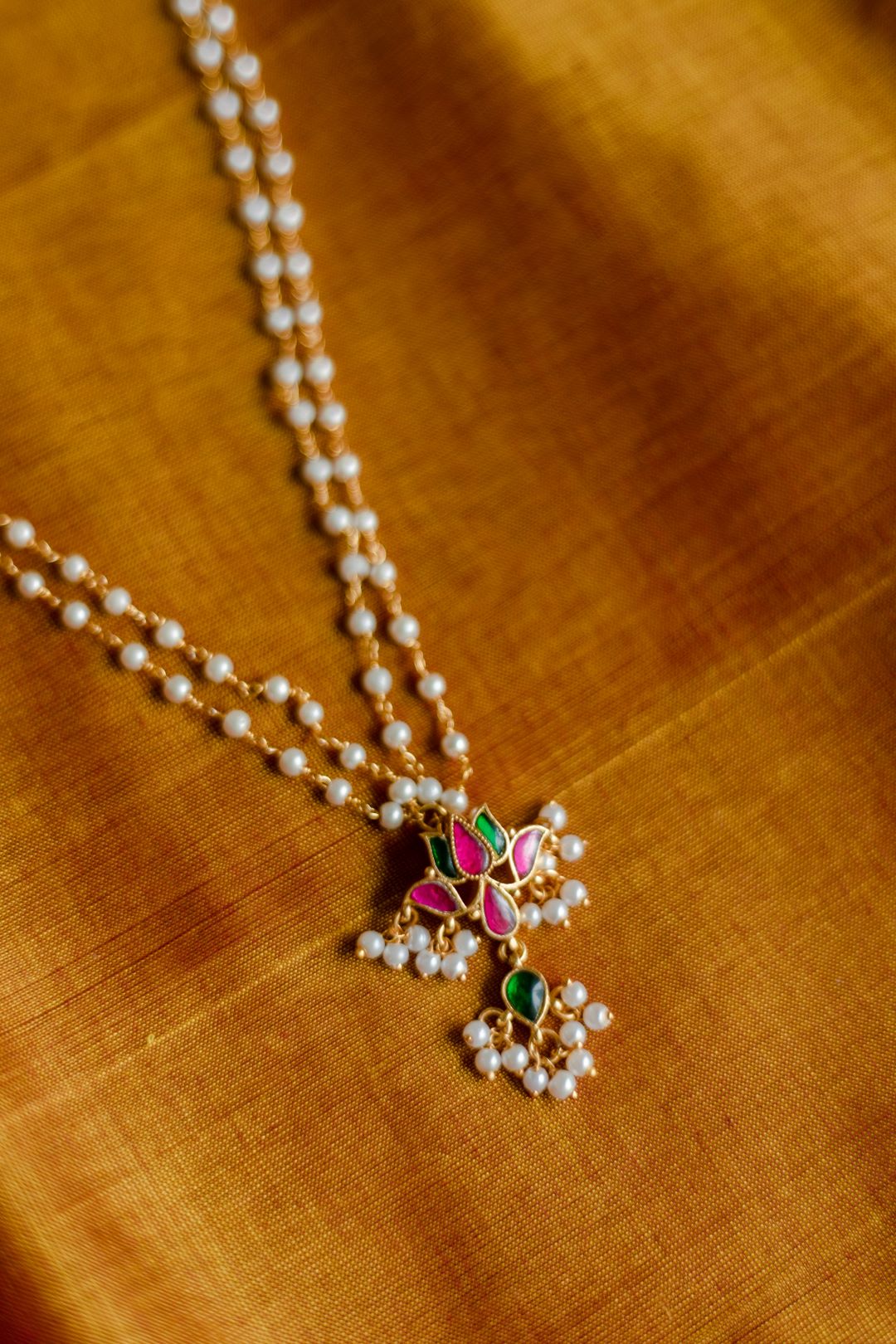 Gold Finish Pearl Beads Chain with small Lotus pendant