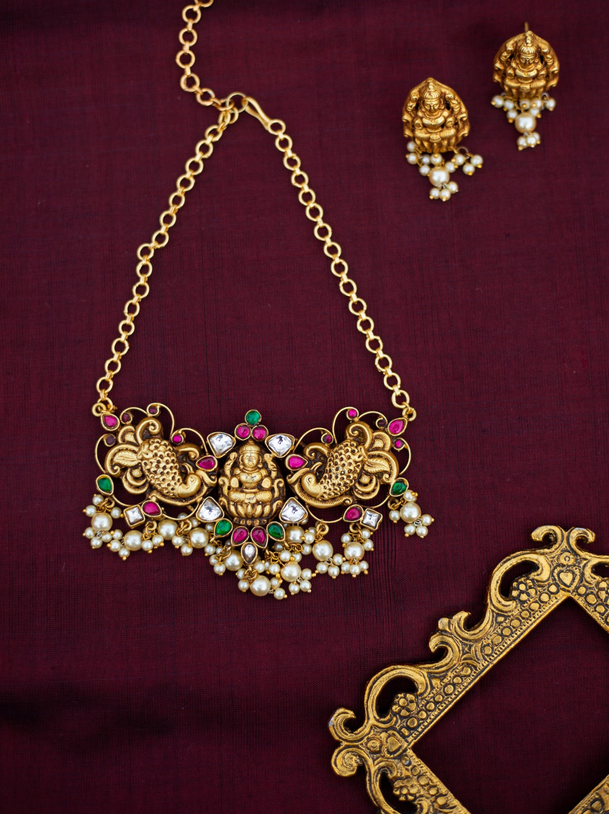 Gold Finish Nagas Lakshmi Pedantant Small Chocker pearl hangings