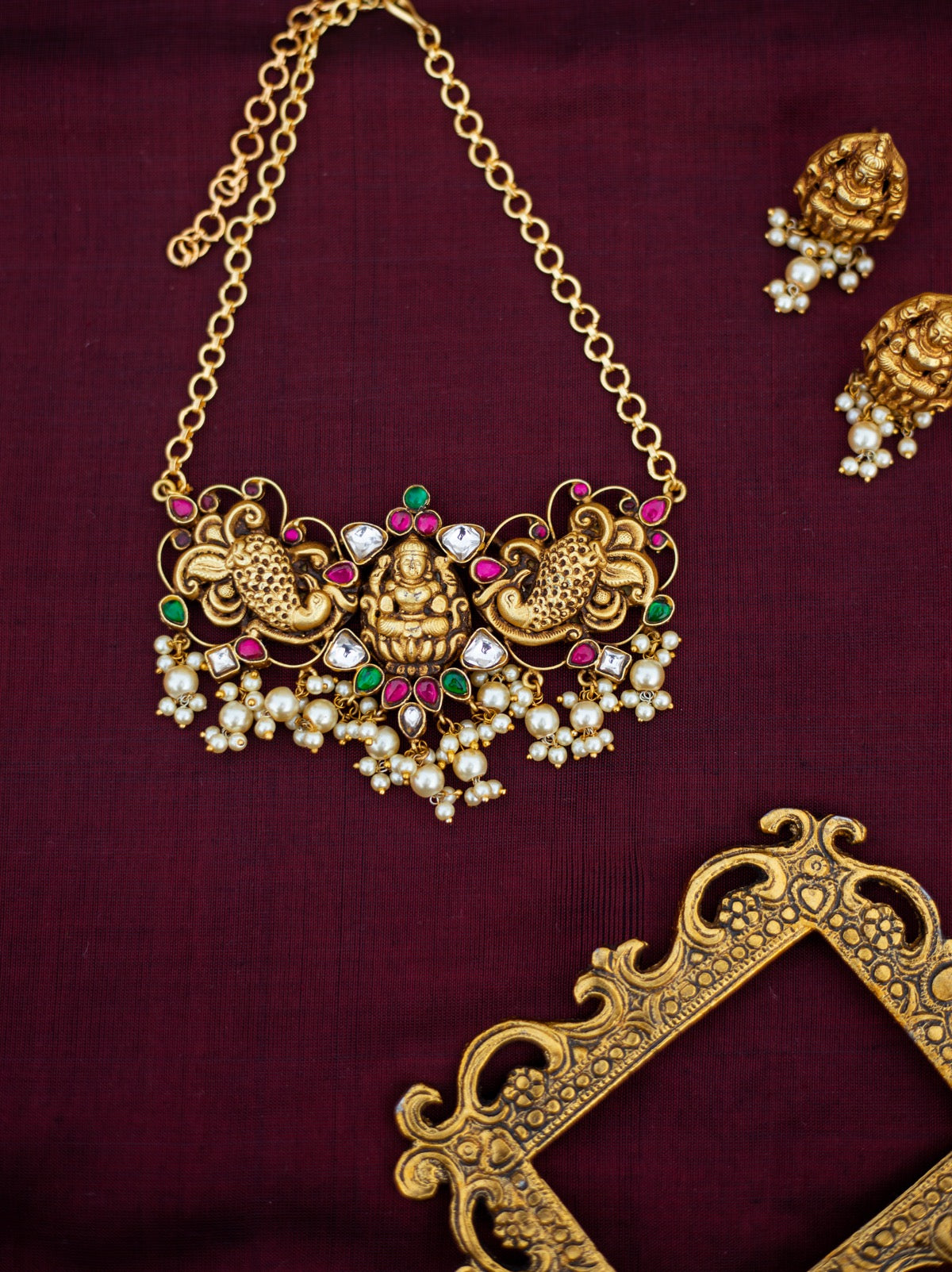 Gold Finish Nagas Lakshmi Pedantant Small Chocker pearl hangings