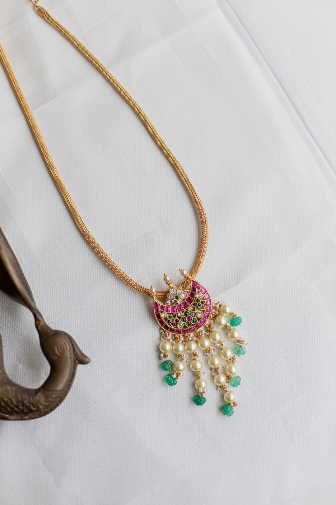Gold Finish Long Chain with pirai pendant Necklace Pearl Hangings