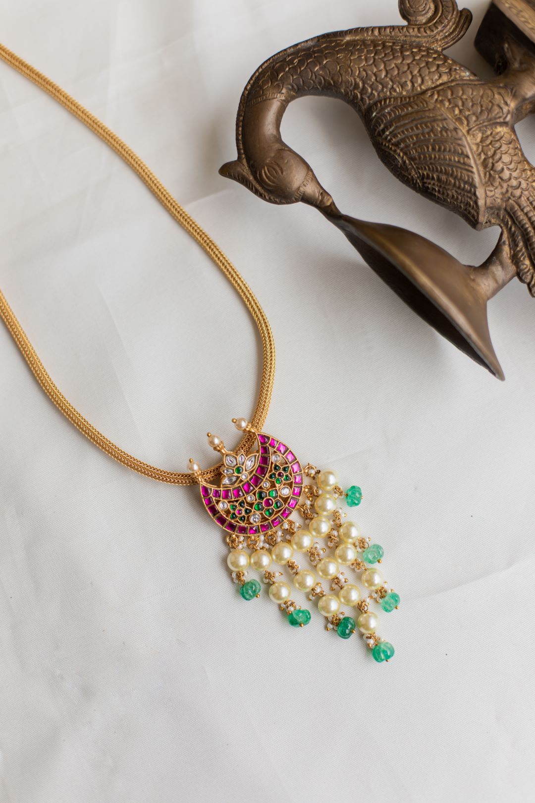 Gold Finish Long Chain with pirai pendant Necklace Pearl Hangings