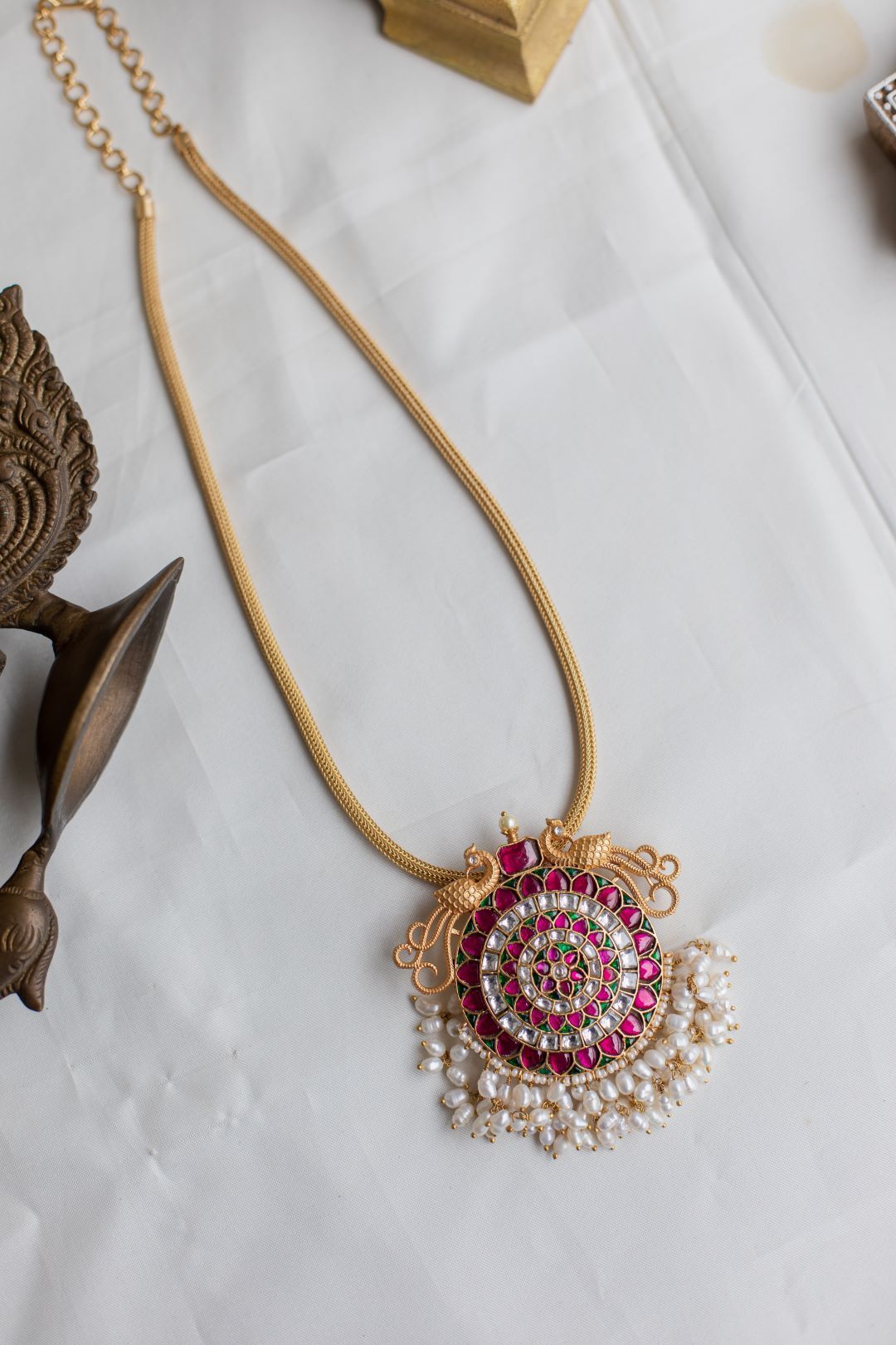 Gold Finish Long Chain with Twin peacock Jumbo Flower Necklace #21