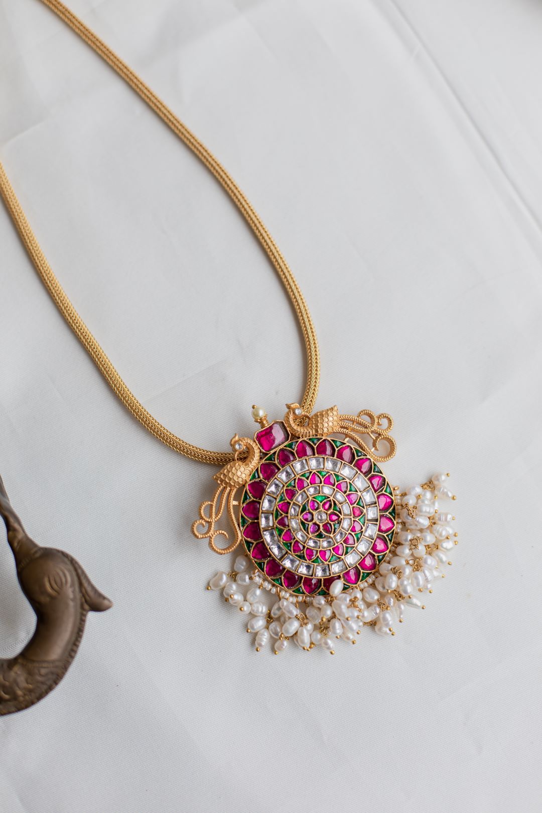 Gold Finish Long Chain with Twin peacock Jumbo Flower Necklace #21