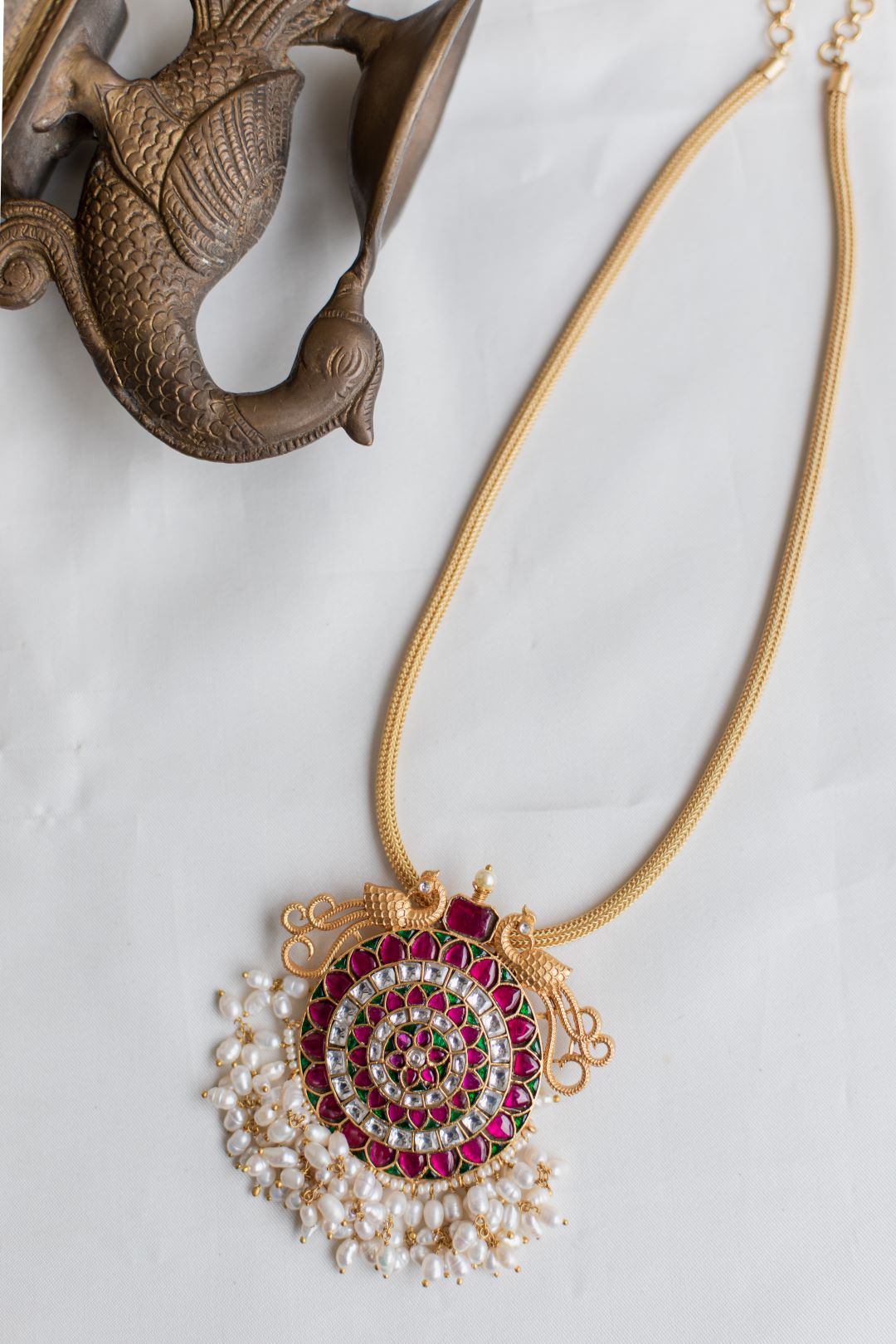 Gold Finish Long Chain with Twin peacock Jumbo Flower Necklace #21